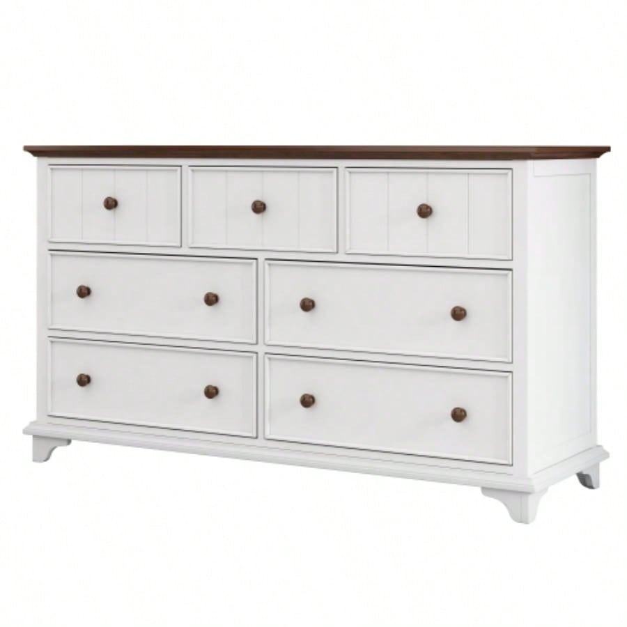 Wooden Captain Seven - Drawer Dresser Bedroom, Living Room, Kids Room, White+Walnut