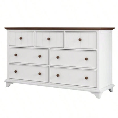 Wooden Captain Seven - Drawer Dresser Bedroom, Living Room, Kids Room, White+Walnut