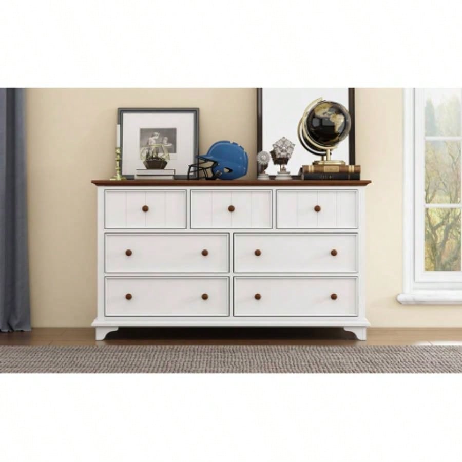 Wooden Captain Seven - Drawer Dresser Bedroom, Living Room, Kids Room, White+Walnut