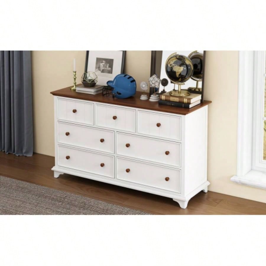 Wooden Captain Seven - Drawer Dresser Bedroom, Living Room, Kids Room, White+Walnut
