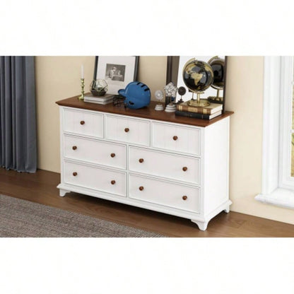 Wooden Captain Seven - Drawer Dresser Bedroom, Living Room, Kids Room, White+Walnut