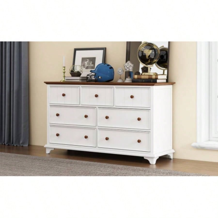 Wooden Captain Seven - Drawer Dresser Bedroom, Living Room, Kids Room, White+Walnut