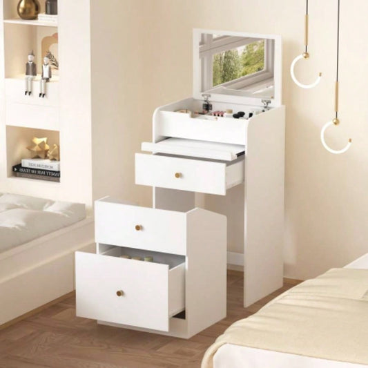 Small Vanity Desk with Mirror - White Makeup Vanitys Set Make up Table with Chair, Drawers, Space Saving Cute Dressing Table Girls Bedroom Living room
