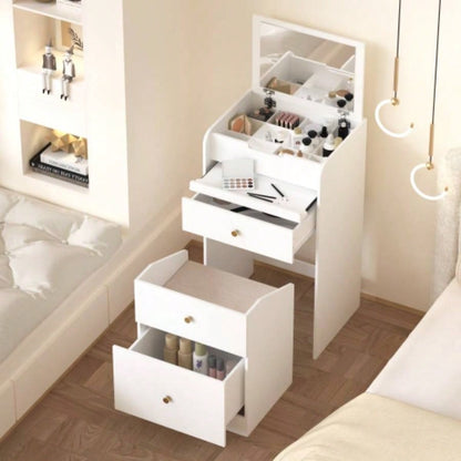 Small Vanity Desk with Mirror - White Makeup Vanitys Set Make up Table with Chair, Drawers, Space Saving Cute Dressing Table Girls Bedroom Living room