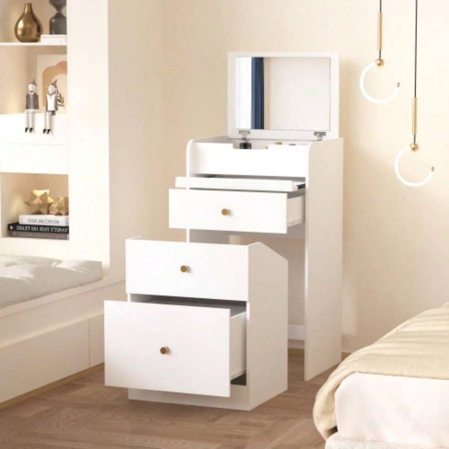 Small Vanity Desk with Mirror - White Makeup Vanitys Set Make up Table with Chair, Drawers, Space Saving Cute Dressing Table Girls Bedroom Living room
