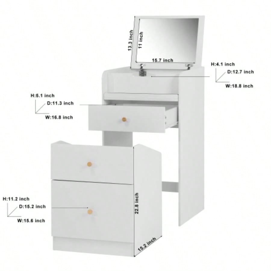 Small Vanity Desk with Mirror - White Makeup Vanitys Set Make up Table with Chair, Drawers, Space Saving Cute Dressing Table Girls Bedroom Living room