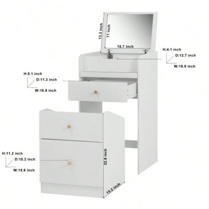 Small Vanity Desk with Mirror - White Makeup Vanitys Set Make up Table with Chair, Drawers, Space Saving Cute Dressing Table Girls Bedroom Living room