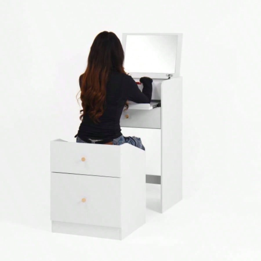 Small Vanity Desk with Mirror - White Makeup Vanitys Set Make up Table with Chair, Drawers, Space Saving Cute Dressing Table Girls Bedroom Living room