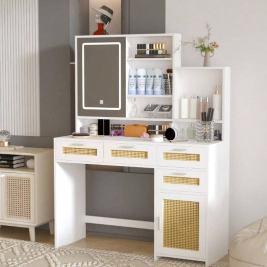 Makeup Vanity with Lights in 3 Colors Openable Mirror, Vanity Desk with 4 Drawers 1 Cabinets Shelves, Vanity Table Rattan Vanity Dresser, Bedroom