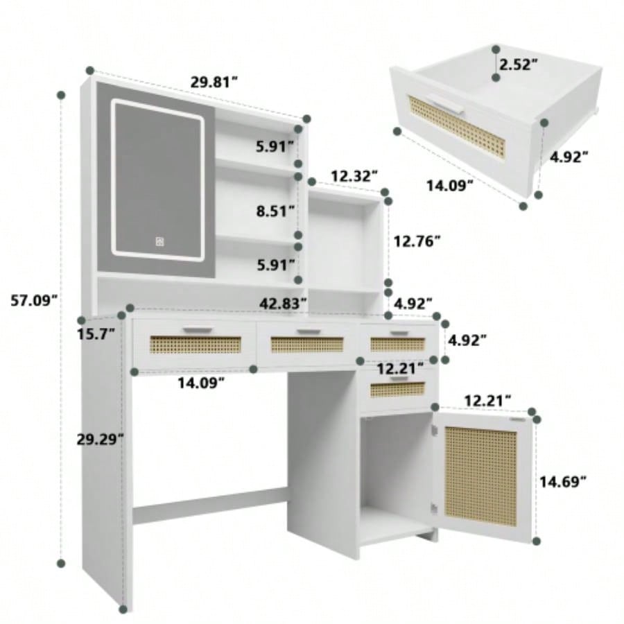 Makeup Vanity with Lights in 3 Colors Openable Mirror, Vanity Desk with 4 Drawers 1 Cabinets Shelves, Vanity Table Rattan Vanity Dresser, Bedroom