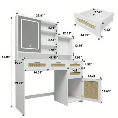 Makeup Vanity with Lights in 3 Colors Openable Mirror, Vanity Desk with 4 Drawers 1 Cabinets Shelves, Vanity Table Rattan Vanity Dresser, Bedroom