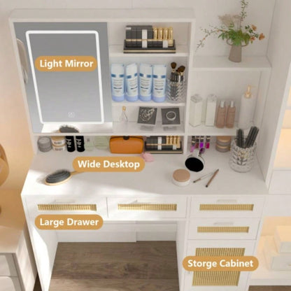 Makeup Vanity with Lights in 3 Colors Openable Mirror, Vanity Desk with 4 Drawers 1 Cabinets Shelves, Vanity Table Rattan Vanity Dresser, Bedroom