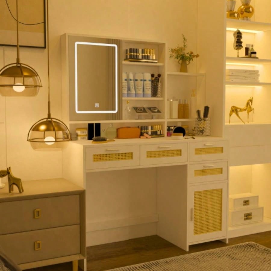 Makeup Vanity with Lights in 3 Colors Openable Mirror, Vanity Desk with 4 Drawers 1 Cabinets Shelves, Vanity Table Rattan Vanity Dresser, Bedroom
