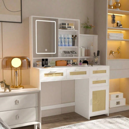 Makeup Vanity with Lights in 3 Colors Openable Mirror, Vanity Desk with 4 Drawers 1 Cabinets Shelves, Vanity Table Rattan Vanity Dresser, Bedroom