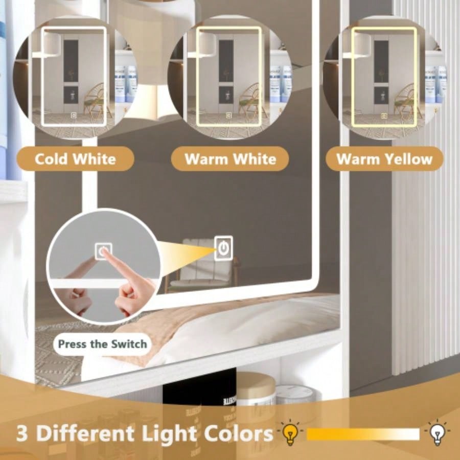 Makeup Vanity with Lights in 3 Colors Openable Mirror, Vanity Desk with 4 Drawers 1 Cabinets Shelves, Vanity Table Rattan Vanity Dresser, Bedroom