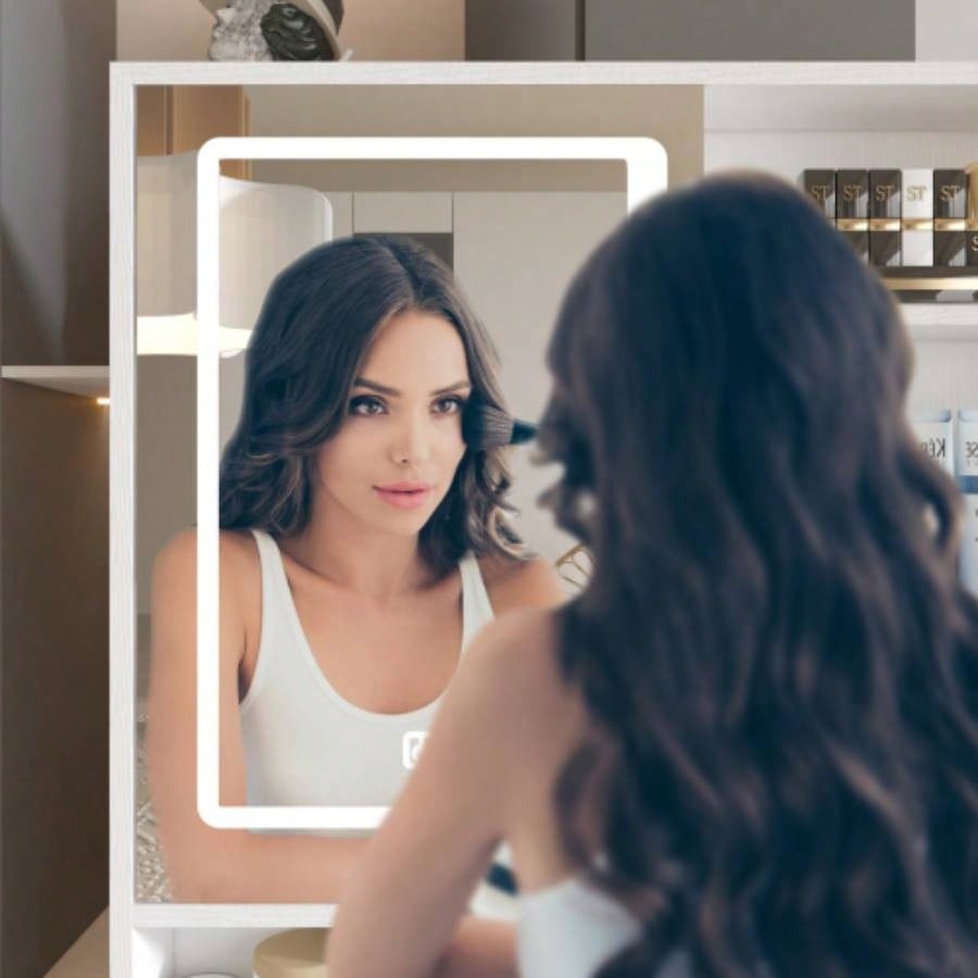 Makeup Vanity with Lights in 3 Colors Openable Mirror, Vanity Desk with 4 Drawers 1 Cabinets Shelves, Vanity Table Rattan Vanity Dresser, Bedroom