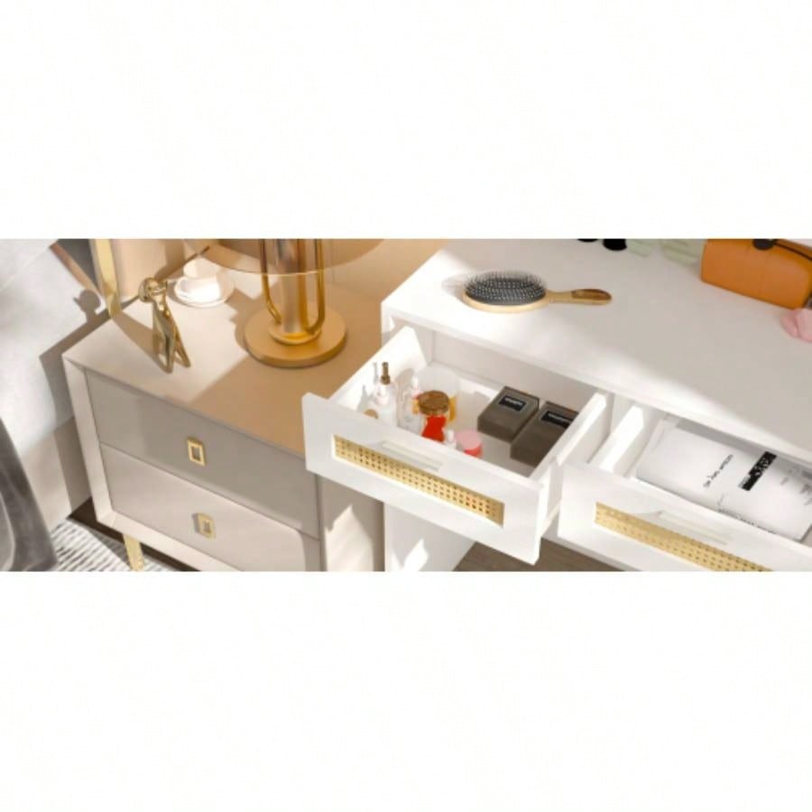 Makeup Vanity with Lights in 3 Colors Openable Mirror, Vanity Desk with 4 Drawers 1 Cabinets Shelves, Vanity Table Rattan Vanity Dresser, Bedroom