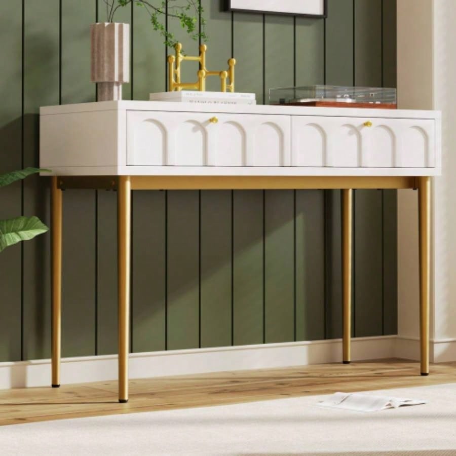 Modern metal leg double drawer dressing table, combining high - quality wood and metal, simple style, multifunctional dressing table, suitable bedroom, living room, and office use