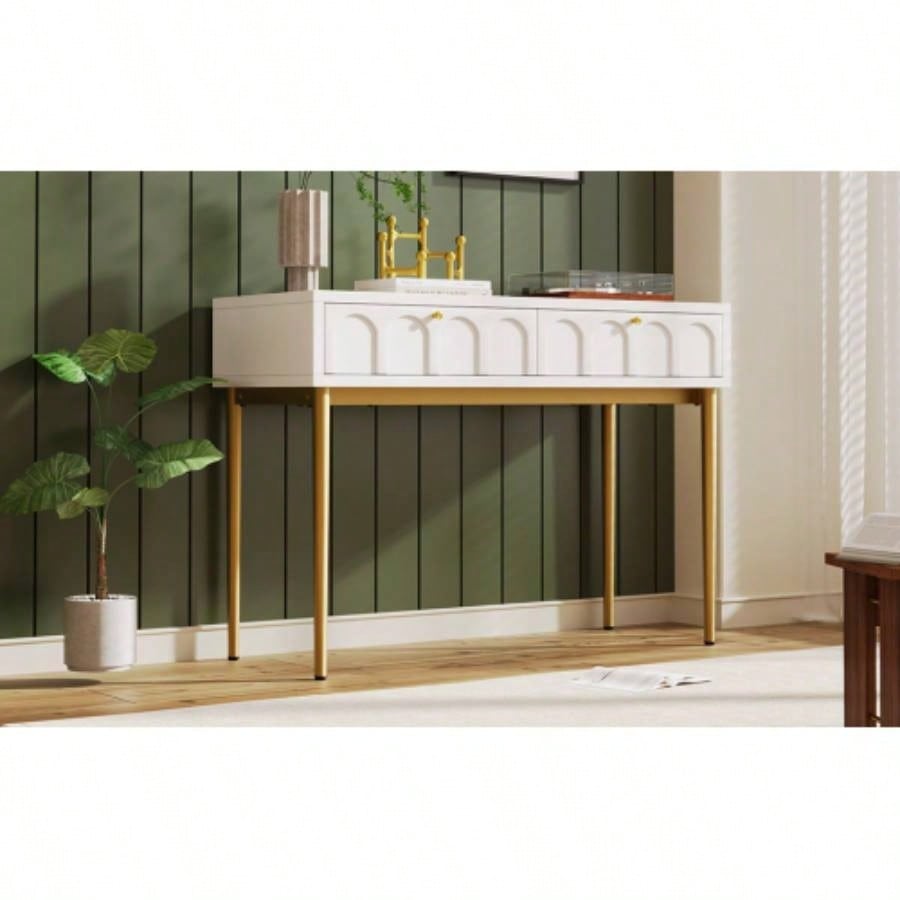 Modern metal leg double drawer dressing table, combining high - quality wood and metal, simple style, multifunctional dressing table, suitable bedroom, living room, and office use