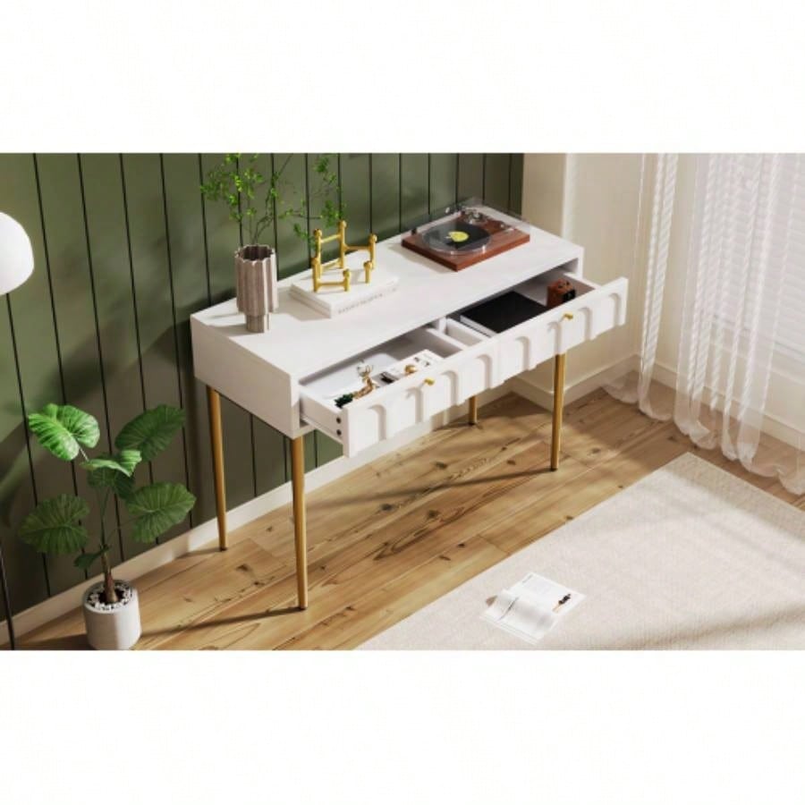 Modern metal leg double drawer dressing table, combining high - quality wood and metal, simple style, multifunctional dressing table, suitable bedroom, living room, and office use