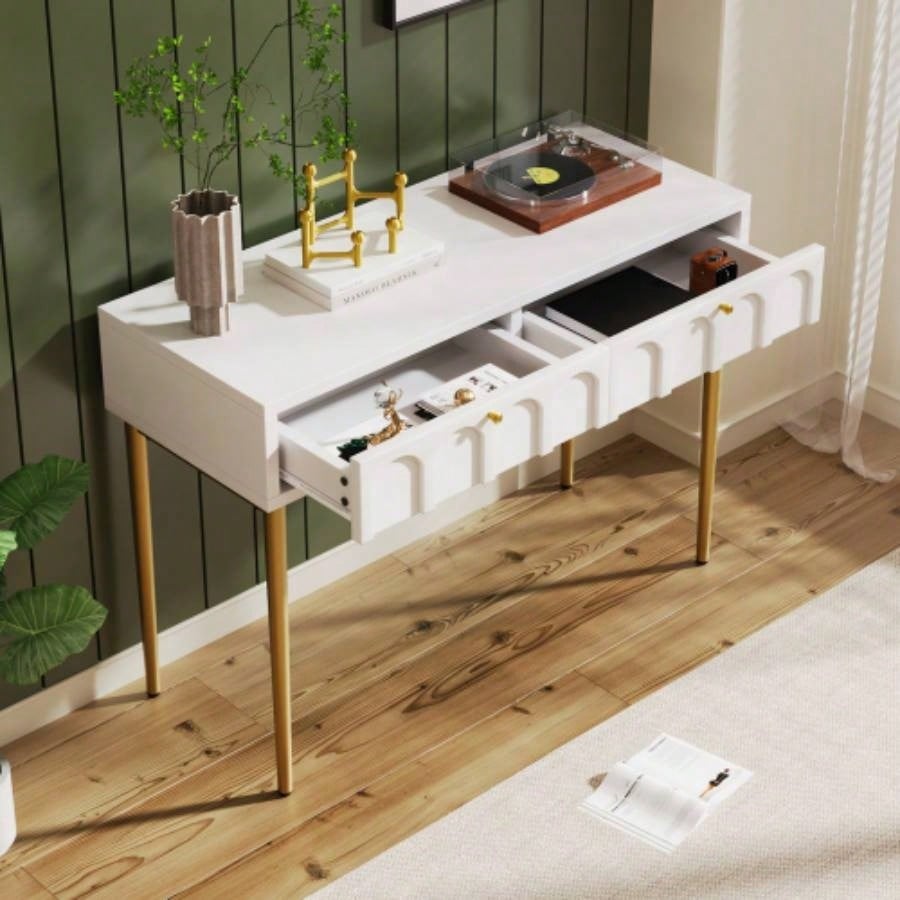 Modern metal leg double drawer dressing table, combining high - quality wood and metal, simple style, multifunctional dressing table, suitable bedroom, living room, and office use