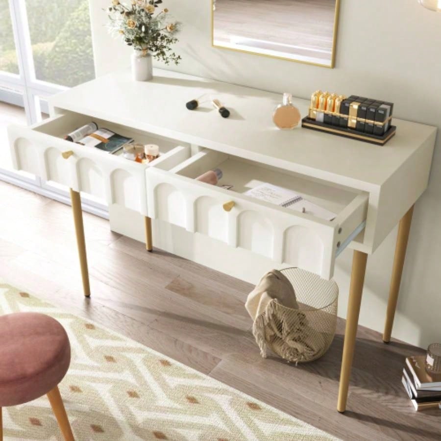 Modern metal leg double drawer dressing table, combining high - quality wood and metal, simple style, multifunctional dressing table, suitable bedroom, living room, and office use