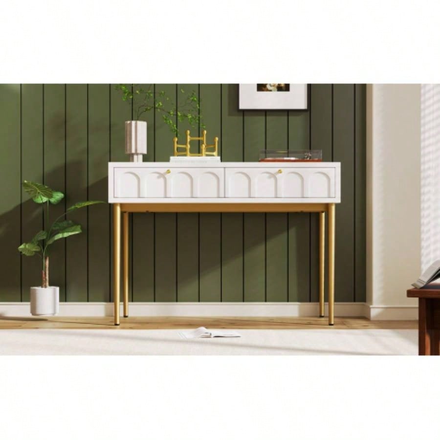Modern metal leg double drawer dressing table, combining high - quality wood and metal, simple style, multifunctional dressing table, suitable bedroom, living room, and office use