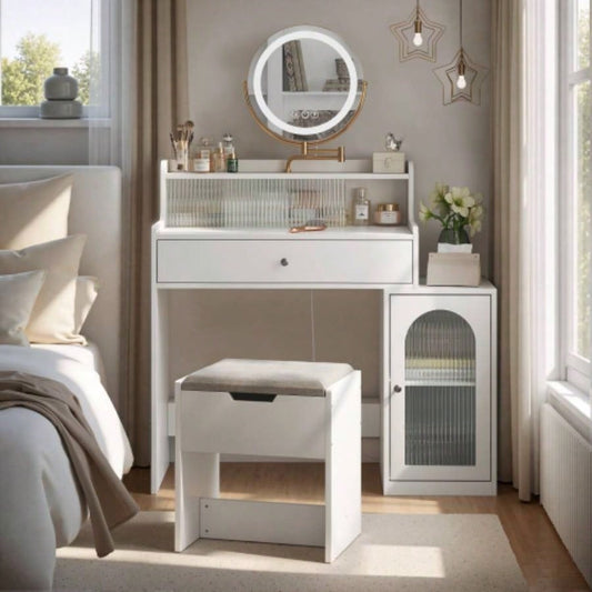 White Vanity Desk with 360 Rotated Mirror and Adjustable Lights, Girls Makeup Vanity Table with Storage Chair and Side Cabinet with Waveform Glass Doors, Dressing Table with Drawer Bedroom