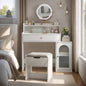 White Vanity Desk with 360 Rotated Mirror and Adjustable Lights, Girls Makeup Vanity Table with Storage Chair and Side Cabinet with Waveform Glass Doors, Dressing Table with Drawer Bedroom