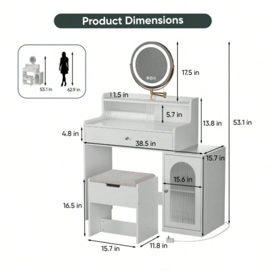 White Vanity Desk with 360 Rotated Mirror and Adjustable Lights, Girls Makeup Vanity Table with Storage Chair and Side Cabinet with Waveform Glass Doors, Dressing Table with Drawer Bedroom
