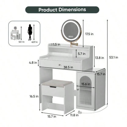 White Vanity Desk with 360 Rotated Mirror and Adjustable Lights, Girls Makeup Vanity Table with Storage Chair and Side Cabinet with Waveform Glass Doors, Dressing Table with Drawer Bedroom