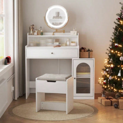 White Vanity Desk with 360 Rotated Mirror and Adjustable Lights, Girls Makeup Vanity Table with Storage Chair and Side Cabinet with Waveform Glass Doors, Dressing Table with Drawer Bedroom