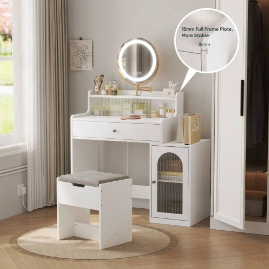 White Vanity Desk with 360 Rotated Mirror and Adjustable Lights, Girls Makeup Vanity Table with Storage Chair and Side Cabinet with Waveform Glass Doors, Dressing Table with Drawer Bedroom