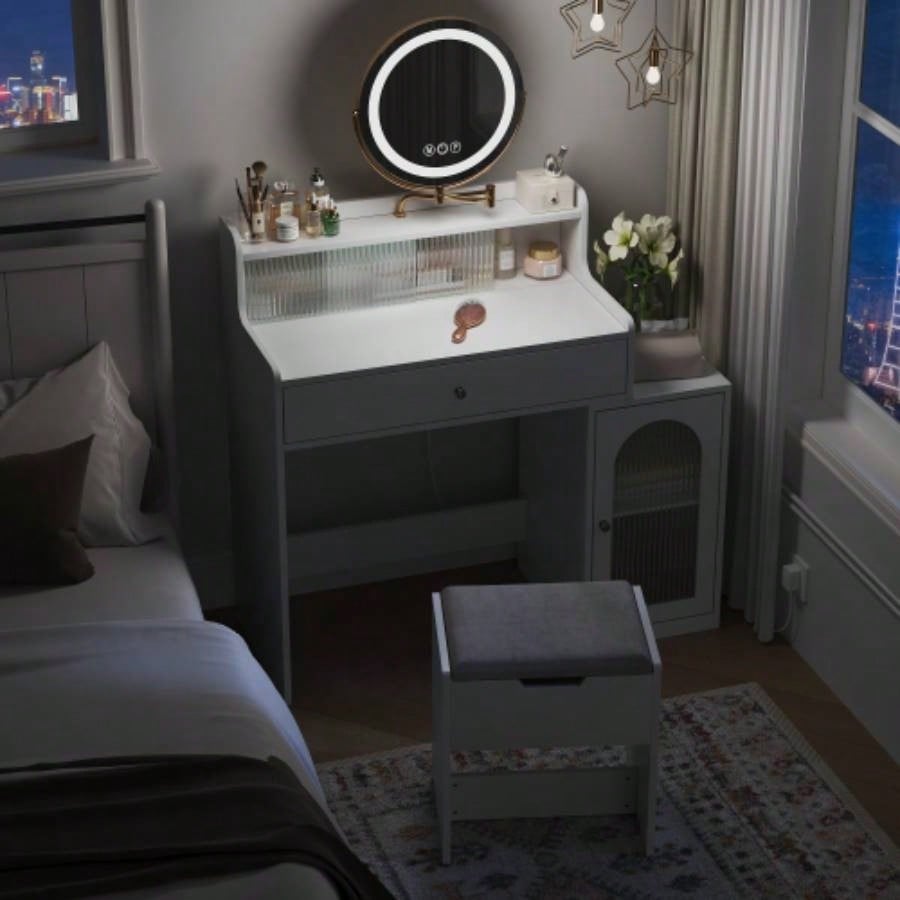 White Vanity Desk with 360 Rotated Mirror and Adjustable Lights, Girls Makeup Vanity Table with Storage Chair and Side Cabinet with Waveform Glass Doors, Dressing Table with Drawer Bedroom
