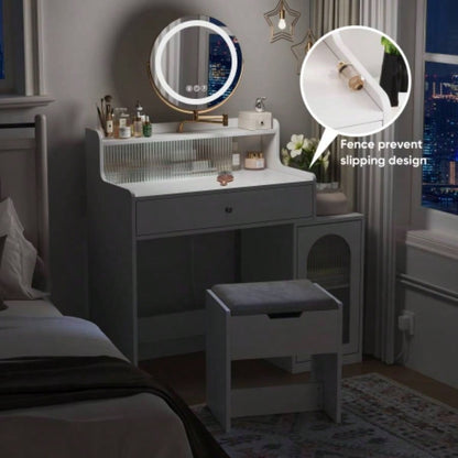 White Vanity Desk with 360 Rotated Mirror and Adjustable Lights, Girls Makeup Vanity Table with Storage Chair and Side Cabinet with Waveform Glass Doors, Dressing Table with Drawer Bedroom
