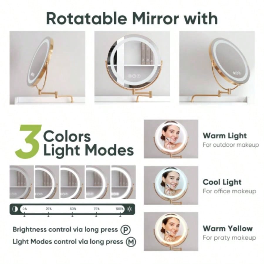 White Vanity Desk with 360 Rotated Mirror and Adjustable Lights, Girls Makeup Vanity Table with Storage Chair and Side Cabinet with Waveform Glass Doors, Dressing Table with Drawer Bedroom
