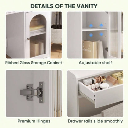 White Vanity Desk with 360 Rotated Mirror and Adjustable Lights, Girls Makeup Vanity Table with Storage Chair and Side Cabinet with Waveform Glass Doors, Dressing Table with Drawer Bedroom