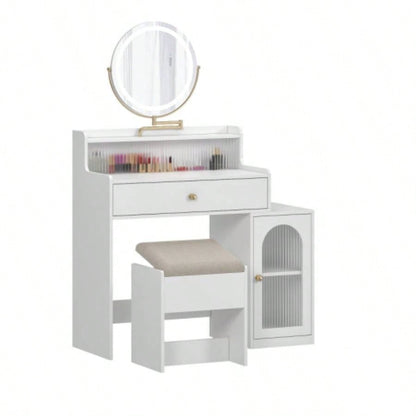 White Vanity Desk with 360 Rotated Mirror and Adjustable Lights, Girls Makeup Vanity Table with Storage Chair and Side Cabinet with Waveform Glass Doors, Dressing Table with Drawer Bedroom