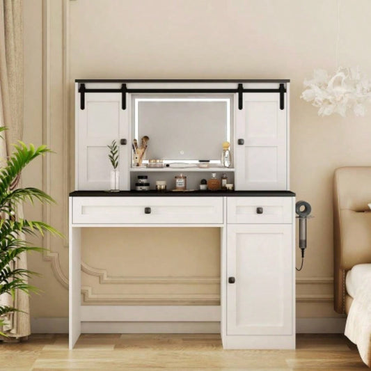 Farmhouse Dressing Table Makeup Table, 43 Wide Dressing Table with Lighted Mirror and Makeup Drawer, Large Modern Dressing Table Set with Hair Dryer Holder Bedroom, White