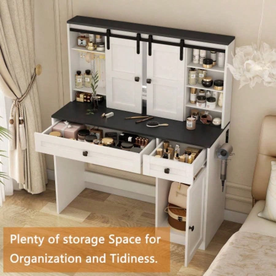 Farmhouse Dressing Table Makeup Table, 43 Wide Dressing Table with Lighted Mirror and Makeup Drawer, Large Modern Dressing Table Set with Hair Dryer Holder Bedroom, White