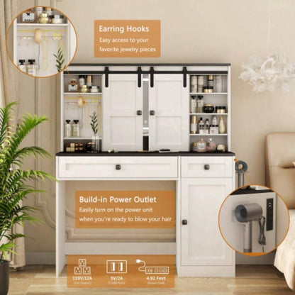 Farmhouse Dressing Table Makeup Table, 43 Wide Dressing Table with Lighted Mirror and Makeup Drawer, Large Modern Dressing Table Set with Hair Dryer Holder Bedroom, White