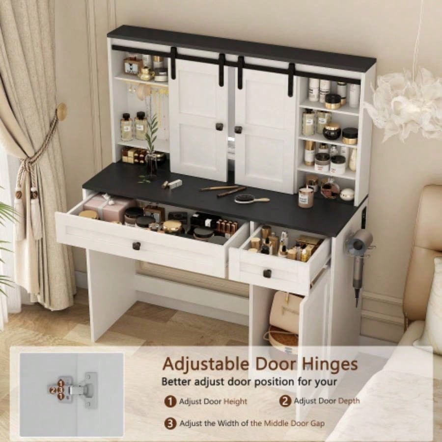 Farmhouse Dressing Table Makeup Table, 43 Wide Dressing Table with Lighted Mirror and Makeup Drawer, Large Modern Dressing Table Set with Hair Dryer Holder Bedroom, White