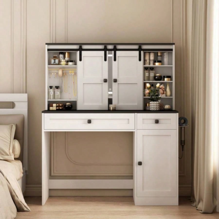 Farmhouse Dressing Table Makeup Table, 43 Wide Dressing Table with Lighted Mirror and Makeup Drawer, Large Modern Dressing Table Set with Hair Dryer Holder Bedroom, White