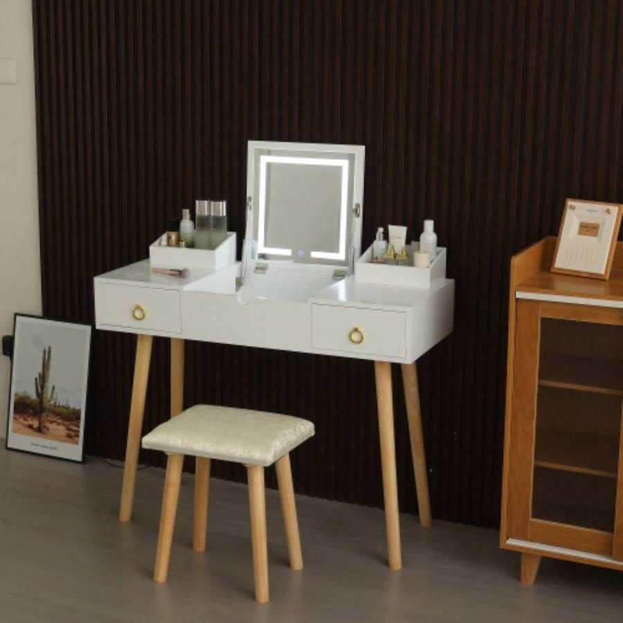 Vanity Desk Set with LED Lighted Mirror Power Outlet, Flip Top Makeup Vanity Table with Drawers Cabinet, Bedroom, Bathroom,