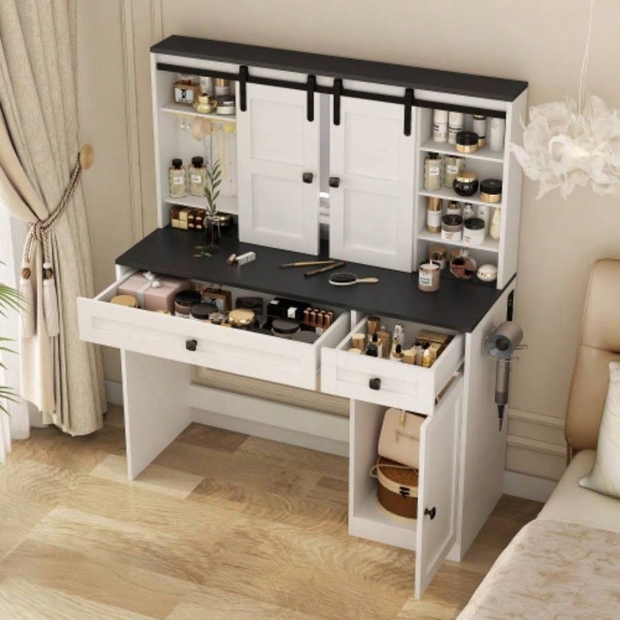 Farmhouse Dressing Table Makeup Table, 43 Wide Dressing Table with Lighted Mirror and Makeup Drawer, Large Modern Dressing Table Set with Hair Dryer Holder Bedroom, White