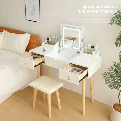 Vanity Desk Set with LED Lighted Mirror Power Outlet, Flip Top Makeup Vanity Table with Drawers Cabinet, Bedroom, Bathroom,