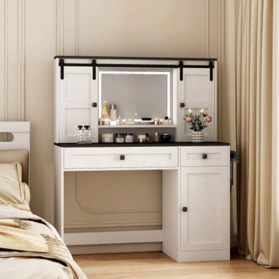 Farmhouse Dressing Table Makeup Table, 43 Wide Dressing Table with Lighted Mirror and Makeup Drawer, Large Modern Dressing Table Set with Hair Dryer Holder Bedroom, White