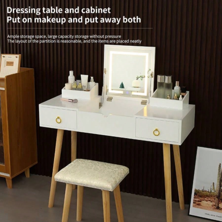 Vanity Desk Set with LED Lighted Mirror Power Outlet, Flip Top Makeup Vanity Table with Drawers Cabinet, Bedroom, Bathroom,