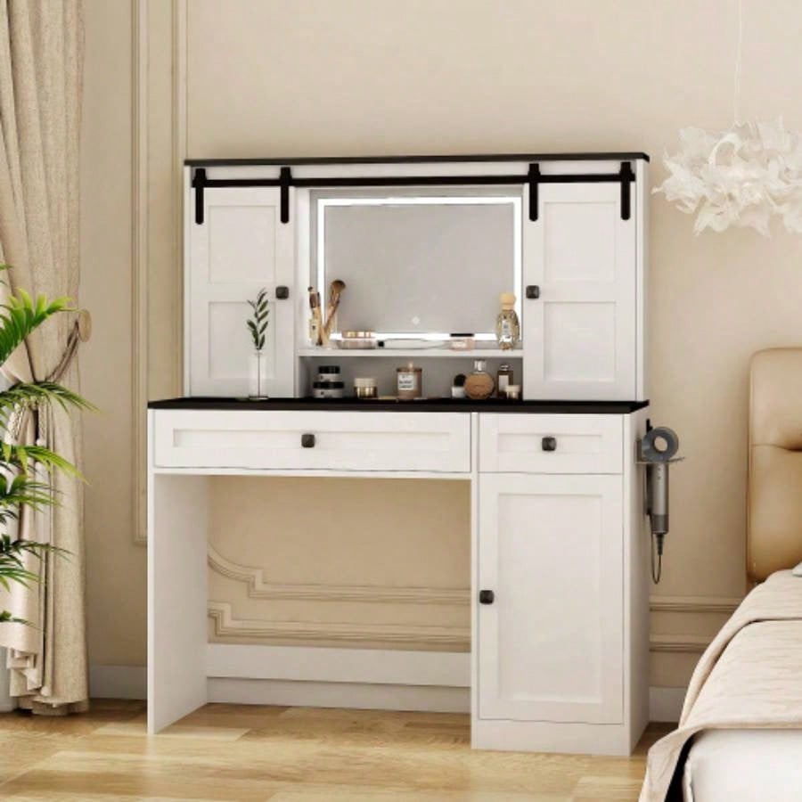 Farmhouse Dressing Table Makeup Table, 43 Wide Dressing Table with Lighted Mirror and Makeup Drawer, Large Modern Dressing Table Set with Hair Dryer Holder Bedroom, White