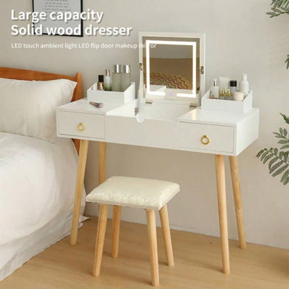 Vanity Desk Set with LED Lighted Mirror Power Outlet, Flip Top Makeup Vanity Table with Drawers Cabinet, Bedroom, Bathroom,